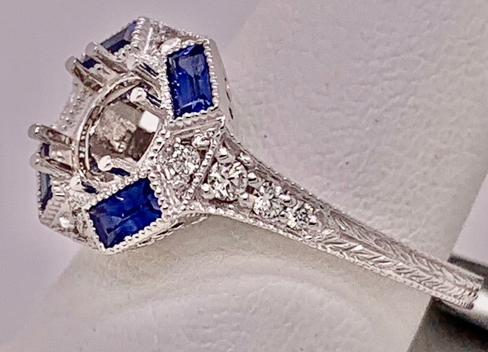 14K White Gold Diamond & Sapphire Semi Mount Ring