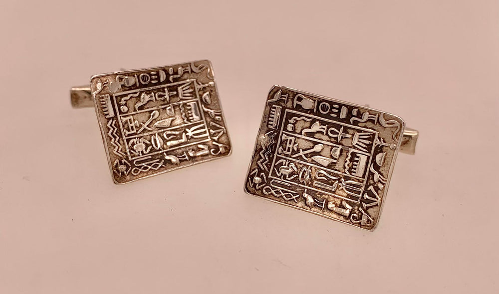 Vintage Sterling Silver Egyptian Hieroglyphics Cuff Links