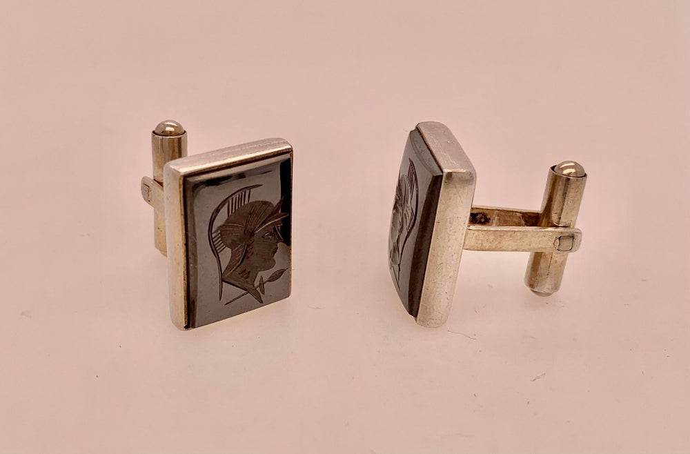 Vintage Sterling Silver Intaglio Hematite Trojan Cuff Links