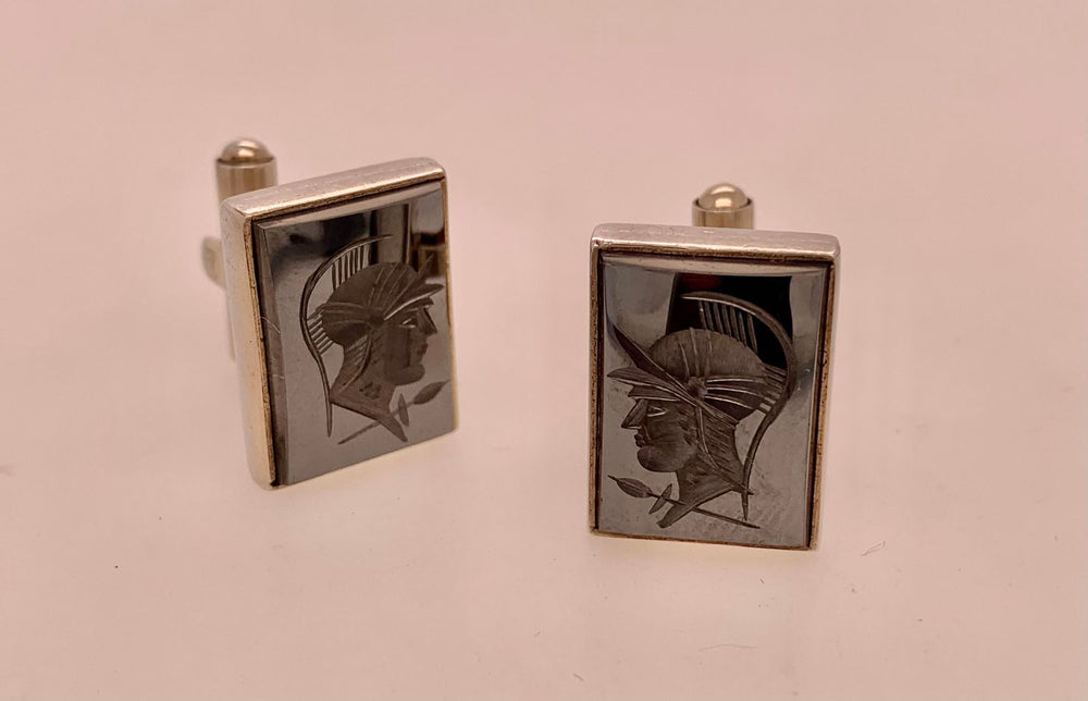 Vintage Sterling Silver Intaglio Hematite Trojan Cuff Links