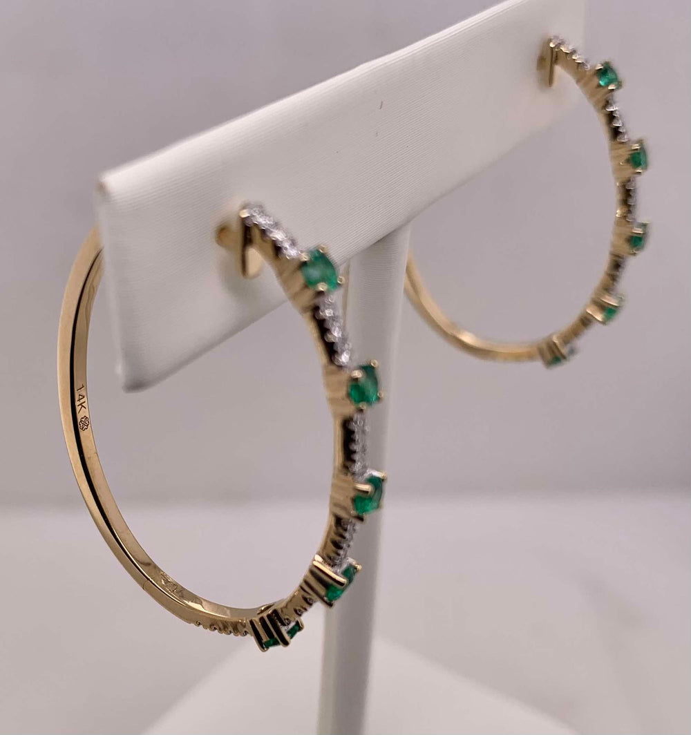 14K Emerald & Diamond Hoop Earrings