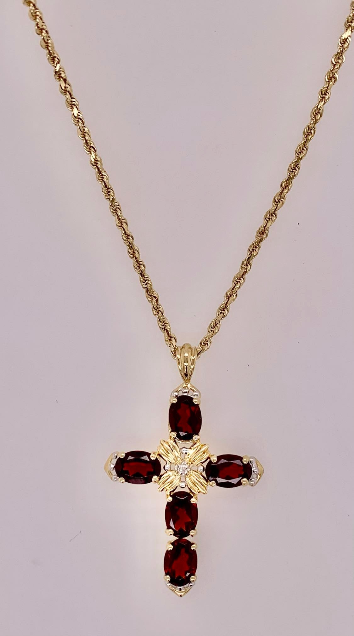 14K Garnet and Diamond Cross Pendant