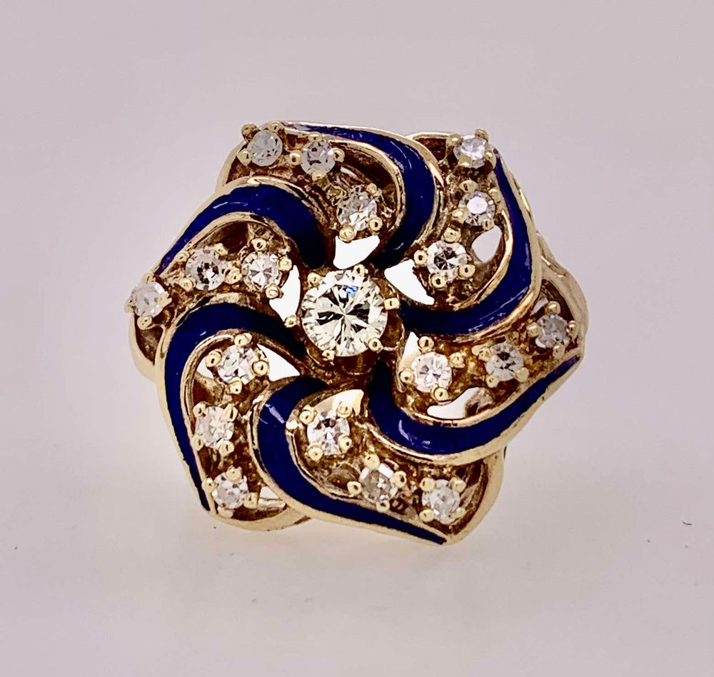 Estate 14K Diamond & Blue Enamel Ring