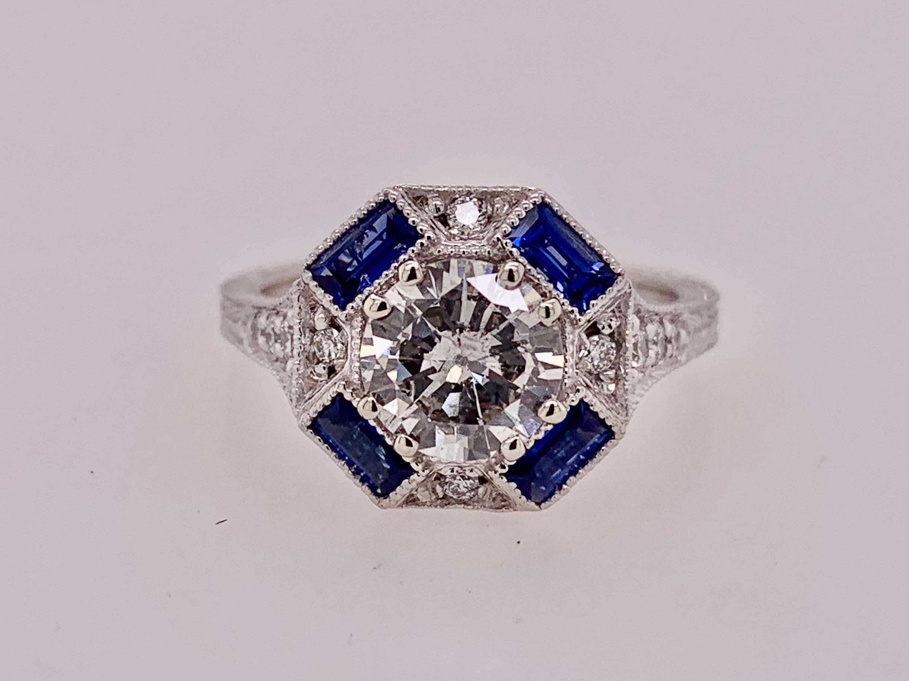 14K White Gold Diamond & Sapphire Antique Reproduction Ring