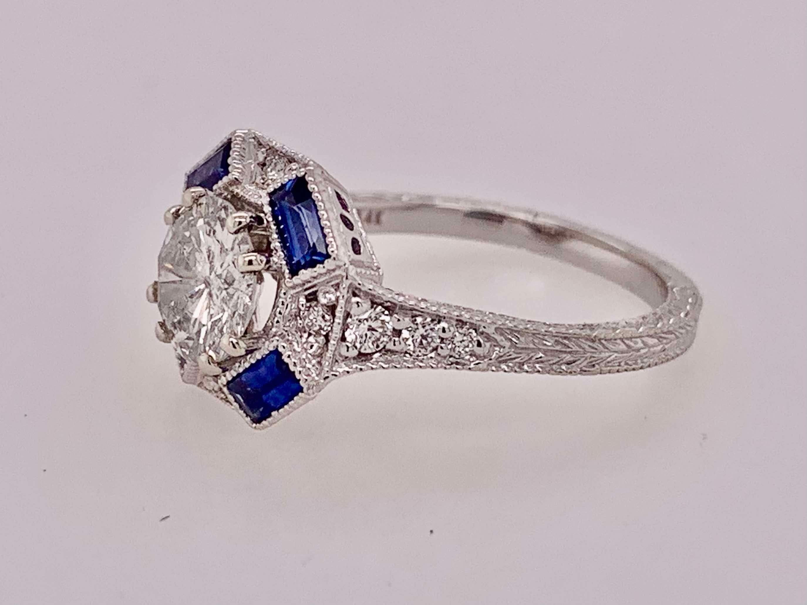 14K White Gold Diamond & Sapphire Antique Reproduction Ring