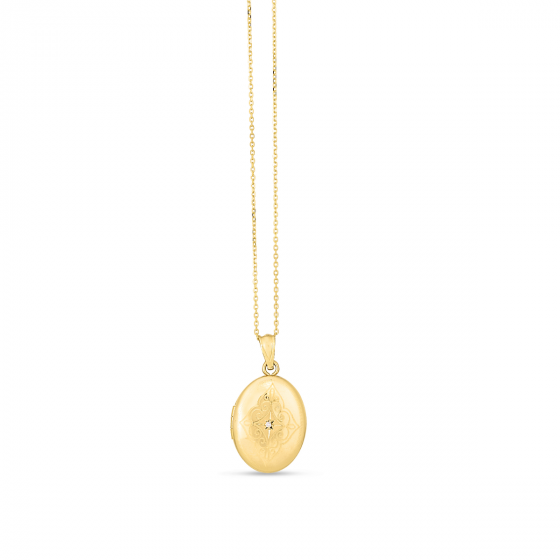 14K Gold Diamond Oval Etched Locket