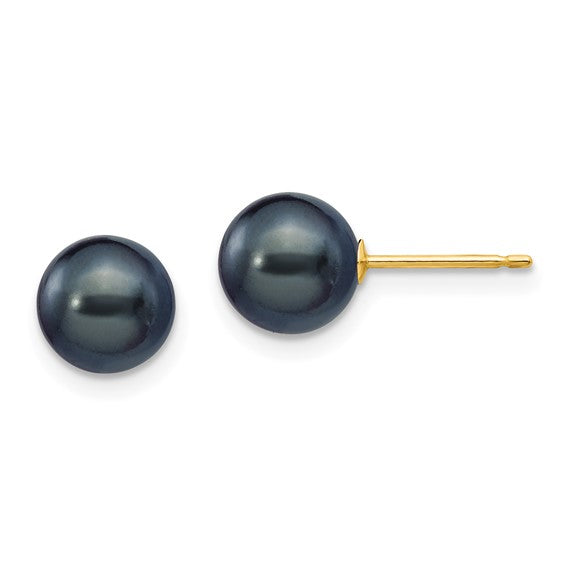 14k 7-8mm Black Round Freshwater Cultured Pearl Stud Post Earrings