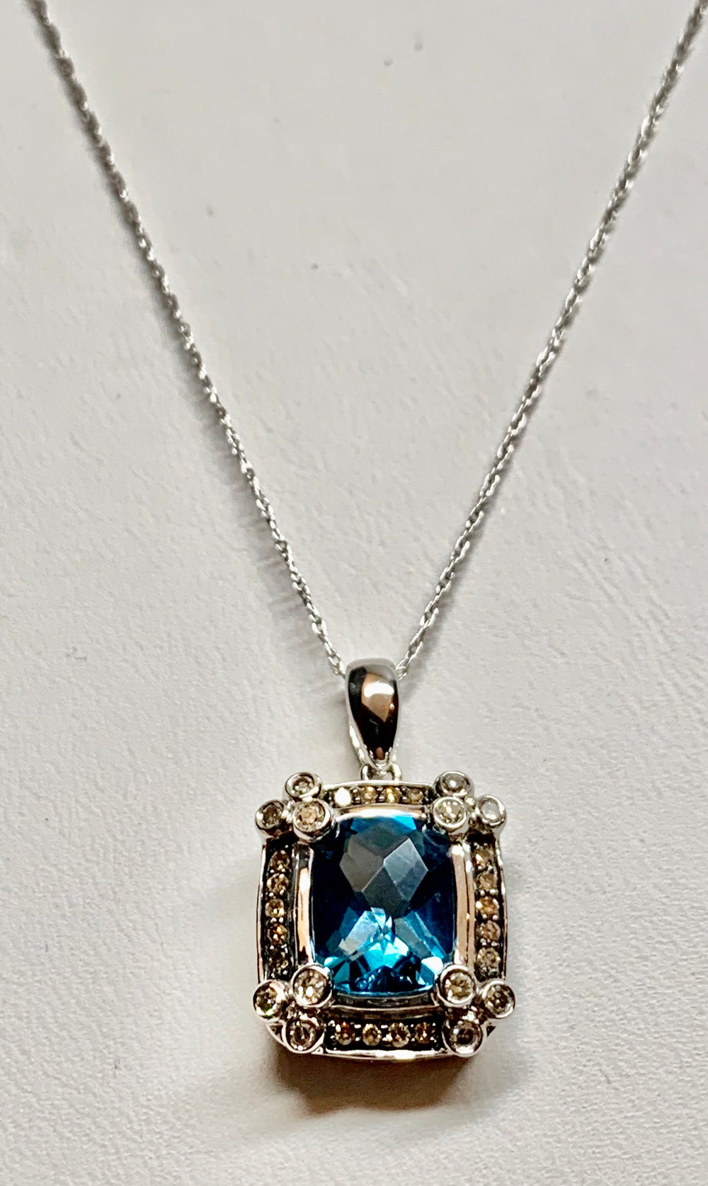 14K White Gold Blue Topaz & Diamond Pendant