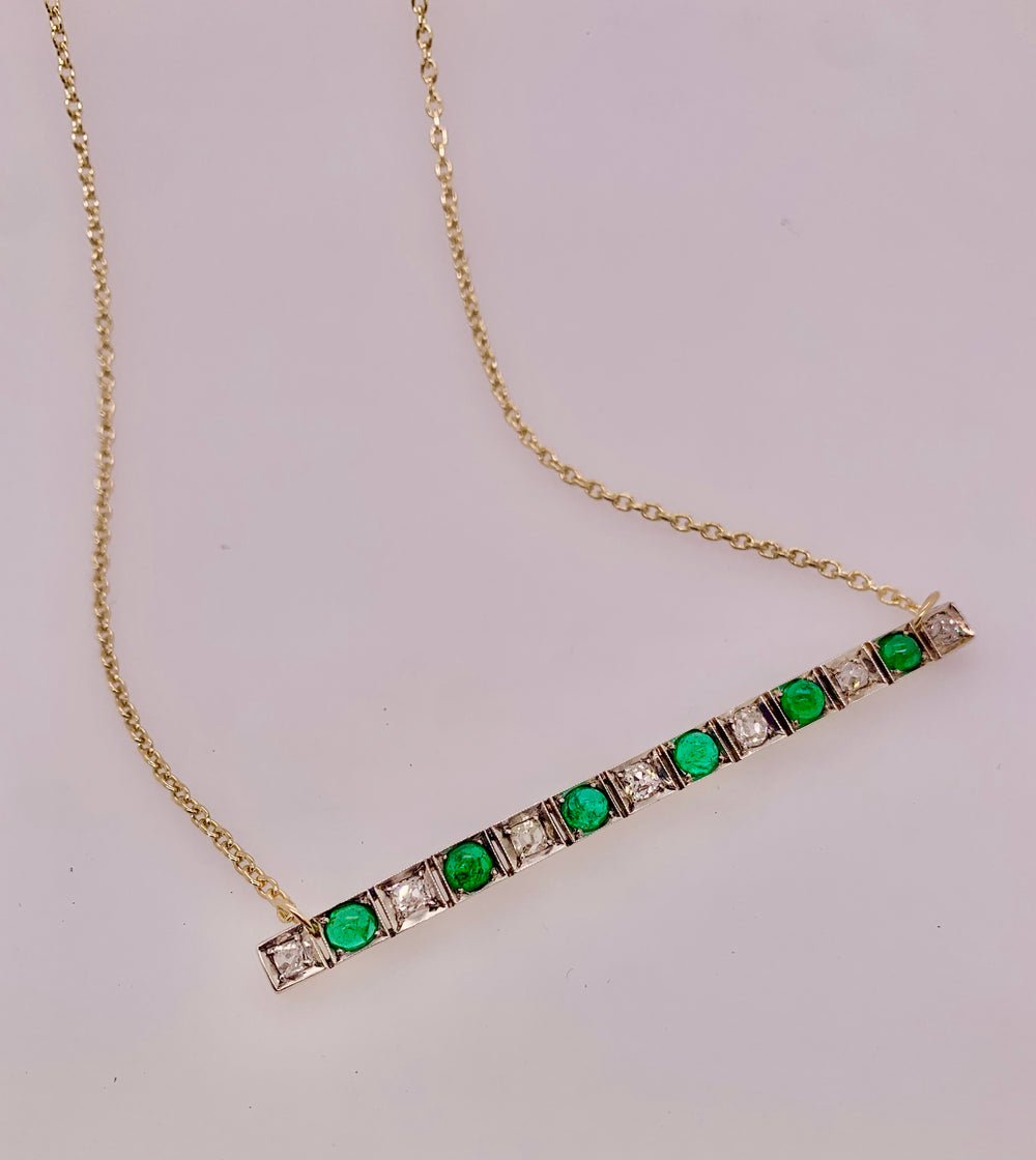 Estate Emerald & Diamond Bar Pin Necklace