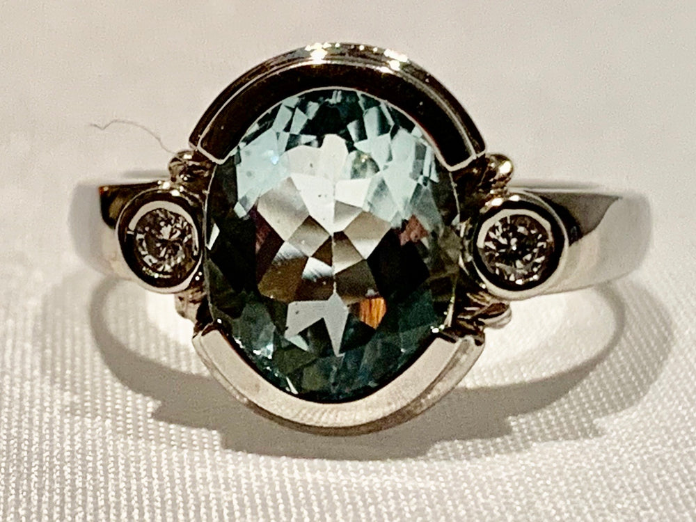 14K White Gold Aquamarine and Diamond Ring