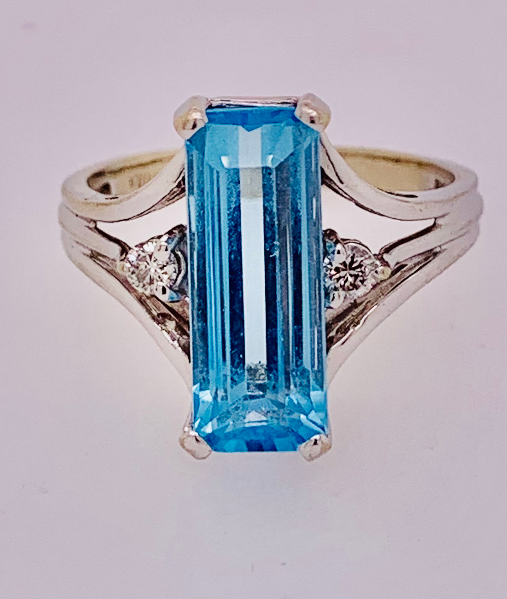 14K White Gold Blue Topaz and Diamond Ring