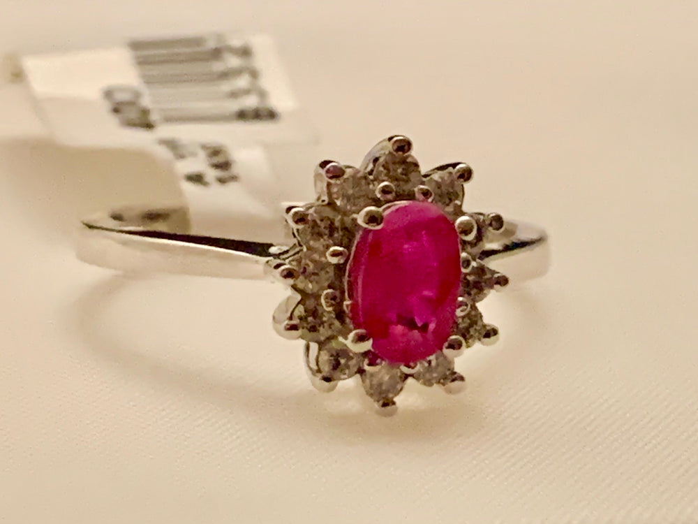 14K WHITE GOLD RUBY & DIAMOND RING